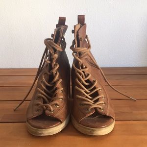 Free People Brown Leather Lace-Up Heels